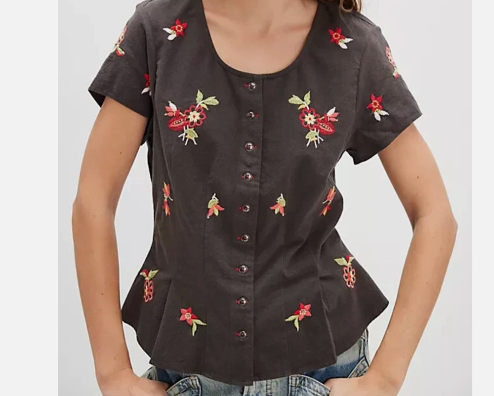 New Free People Kelly Black Floral Embroidered Button Detail Blouse XL $148 NWT
